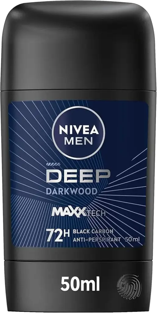 NIVEA MEN Antiperspirant Stick for Men, 72h Protection, DEEP Black Carbon Antibacterial, Woody Scent, 50ml