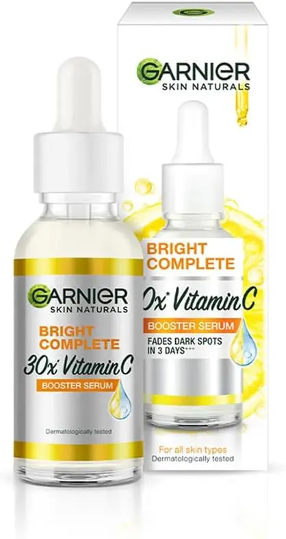 Garnier Vitamin C + Booster Face Serum For Skin Brightening and Anti-Dark Spots with 30X Vitamin C, 2% Niacinamide and BHA | Brighter Skin in Just 3 days 15ml