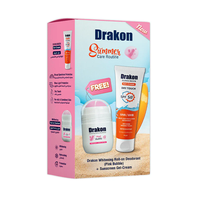 Drakon Roll-On Deodorant Pink Bubble & Sunscreen Gel Cream 50ml + 60gm | Dry Touch SPF50+ UVA/UVB | All Skin Type Promopack